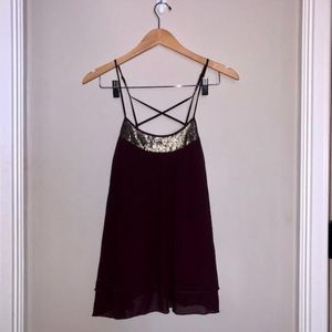 Maroon Tank with Crossed Back and Gold Sequins
